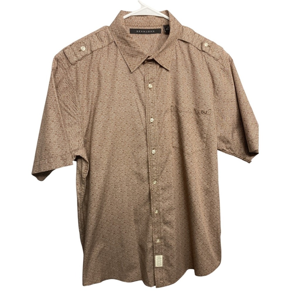 Sean‎ John Button Shirt Mens XL Cotton Brown Geometric Short Sleeve Epaulettes